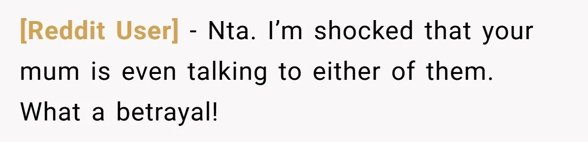 [Reddit User] − Nta. I’m shocked that your mum is even talking to either of them. What a betrayal!