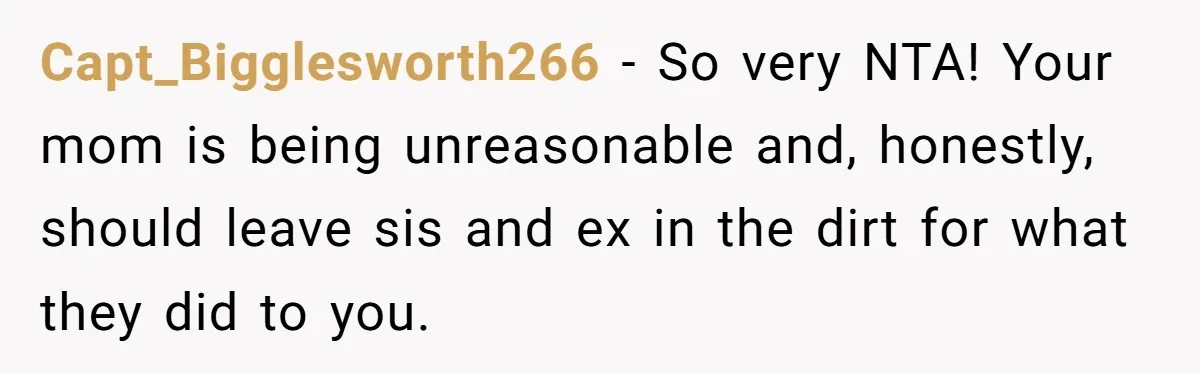 Capt_Bigglesworth266 − So very NTA! Your mom is being unreasonable and, honestly, should leave sis and ex in the dirt for what they did to you.