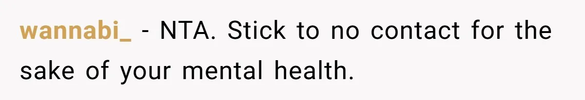 wannabi_ − NTA. Stick to no contact for the sake of your mental health.