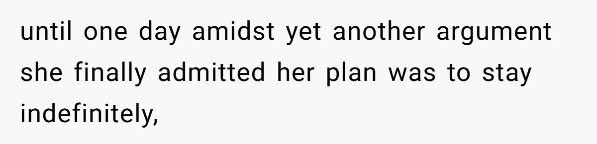 until one day amidst yet another argument she finally admitted her plan was to stay indefinitely,