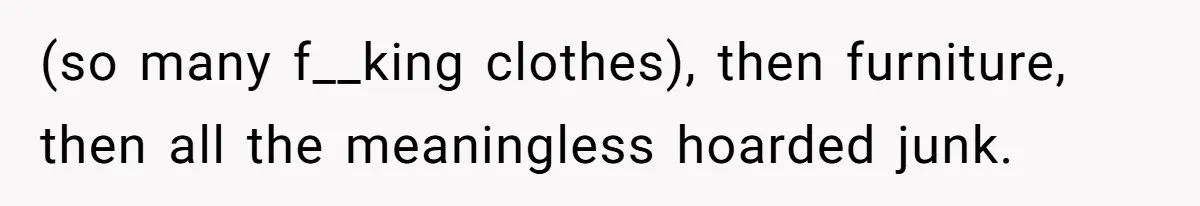 (so many f__king clothes), then furniture, then all the meaningless hoarded junk.