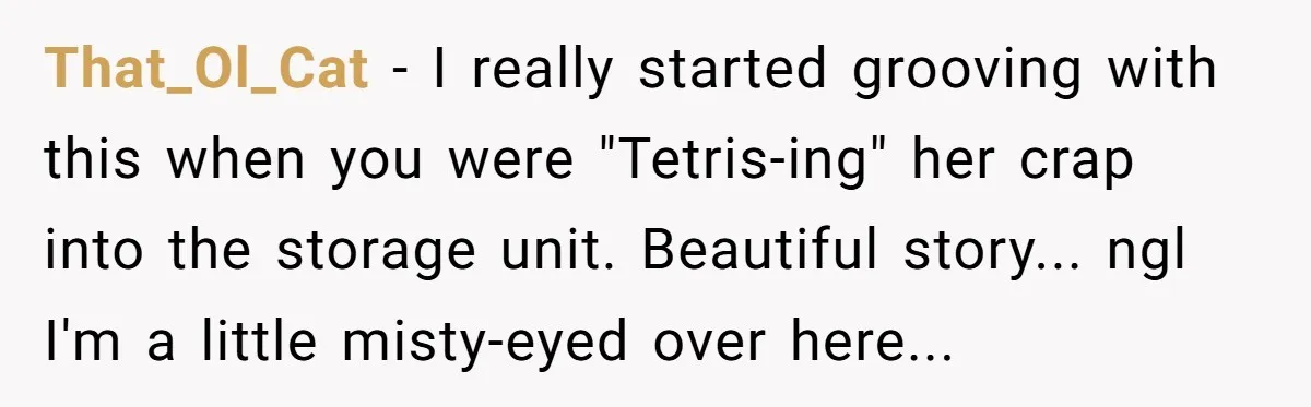 That_Ol_Cat − I really started grooving with this when you were "Tetris-ing" her crap into the storage unit. Beautiful story... ngl I'm a little misty-eyed over here...