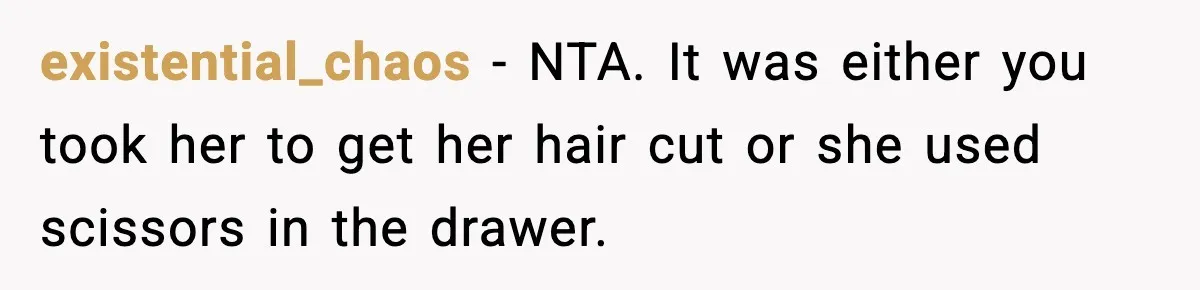existential_chaos - NTA. It was either you took her to get her hair cut or she used scissors in the drawer.