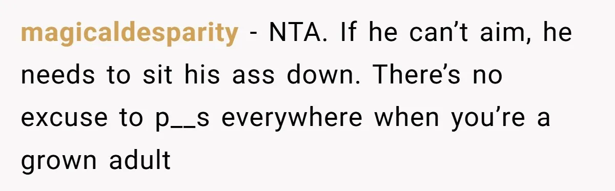 magicaldesparity − NTA. If he can’t aim, he needs to sit his ass down. There’s no excuse to p__s everywhere when you’re a grown adult
