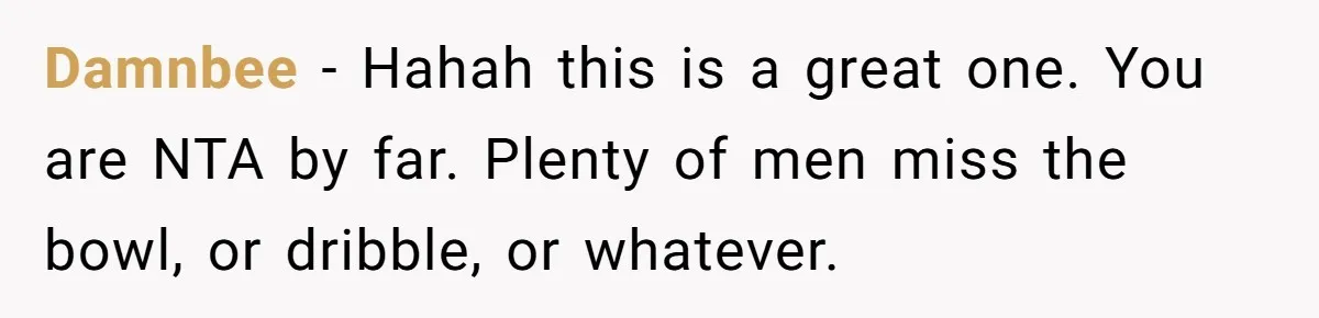 Damnbee − Hahah this is a great one. You are NTA by far. Plenty of men miss the bowl, or dribble, or whatever.