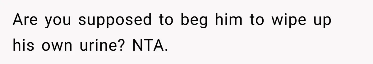 Are you supposed to beg him to wipe up his own urine? NTA.