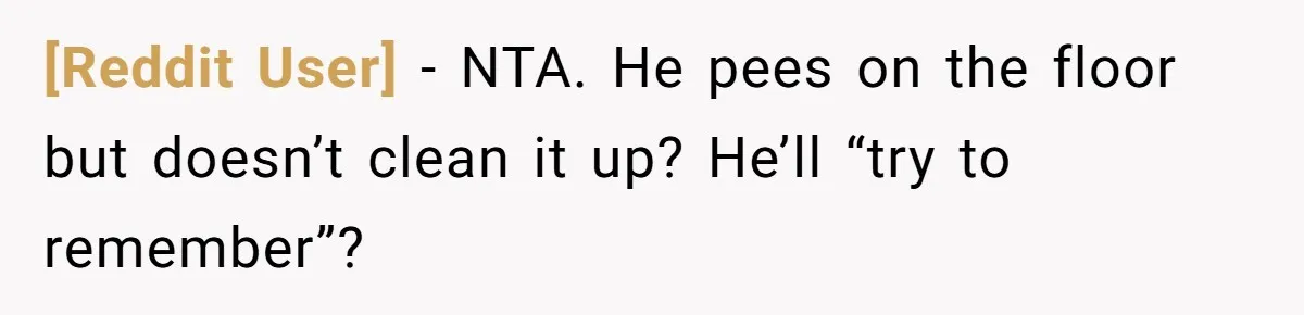 [Reddit User] − NTA. He pees on the floor but doesn’t clean it up? He’ll “try to remember”?