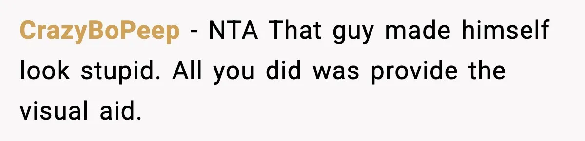 CrazyBoPeep - NTA That guy made himself look stupid. All you did was provide the visual aid.