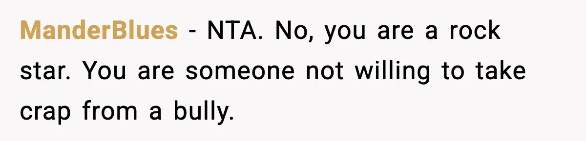 ManderBlues - NTA. No, you are a rock star. You are someone not willing to take crap from a bully.