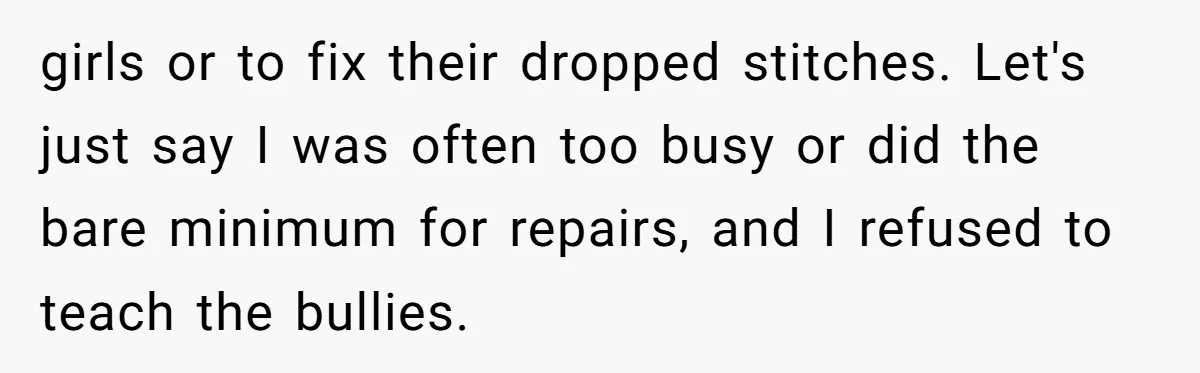 girls or to fix their dropped stitches. Let's just say I was often too busy or did the bare minimum for repairs, and I refused to teach the bullies.