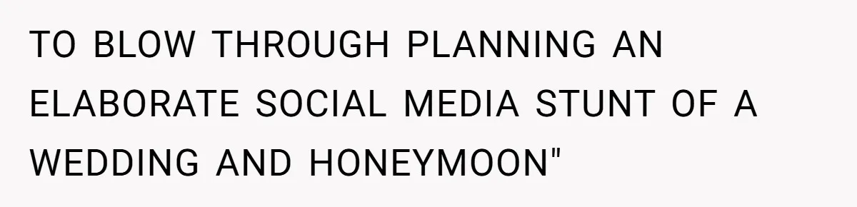 TO BLOW THROUGH PLANNING AN ELABORATE SOCIAL MEDIA STUNT OF A WEDDING AND HONEYMOON" ​