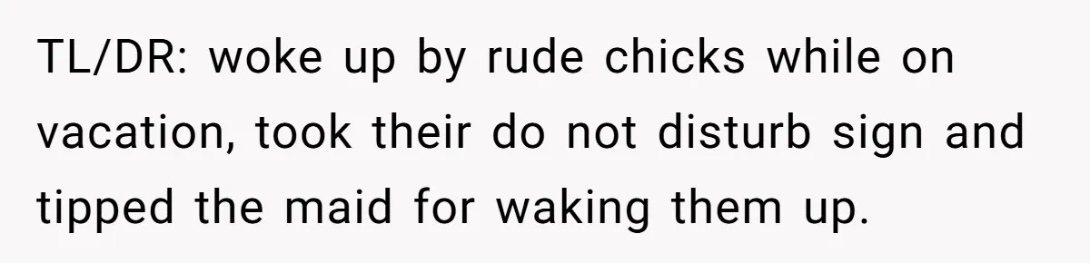 TL/DR: woke up by rude chicks while on vacation, took their do not disturb sign and tipped the maid for waking them up.