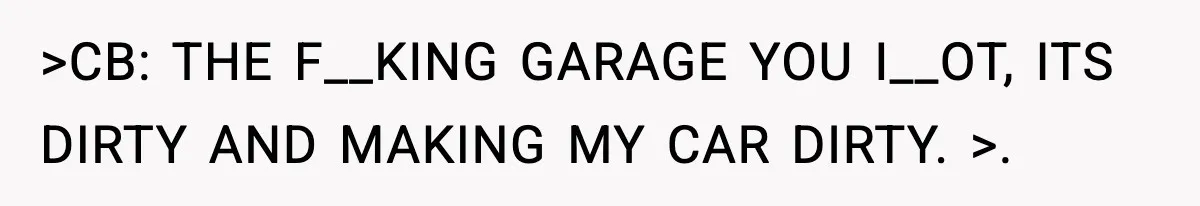 >CB: THE F__KING GARAGE YOU I__OT, ITS DIRTY AND MAKING MY CAR DIRTY. >.