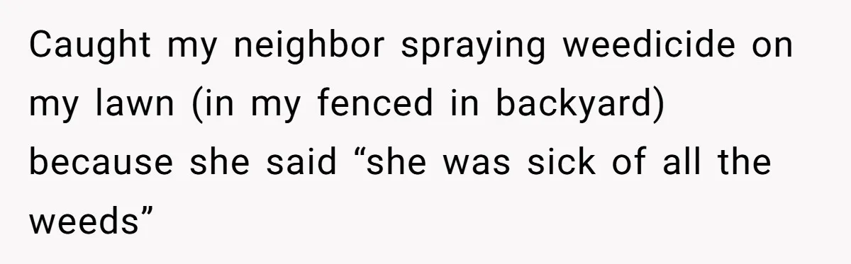 Caught my neighbor spraying weedicide on my lawn (in my fenced in backyard) because she said “she was sick of all the weeds”