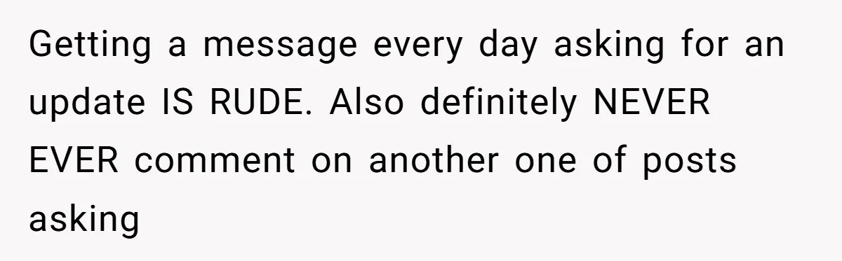 Getting a message every day asking for an update IS RUDE. Also definitely NEVER EVER comment on another one of posts asking