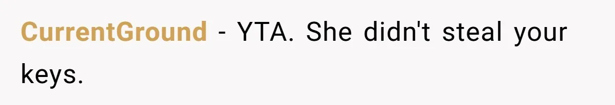 CurrentGround − YTA. She didn't steal your keys.