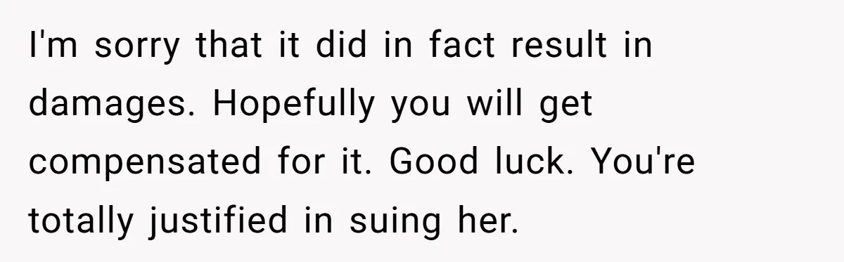 I'm sorry that it did in fact result in damages. Hopefully you will get compensated for it. Good luck. You're totally justified in suing her.
