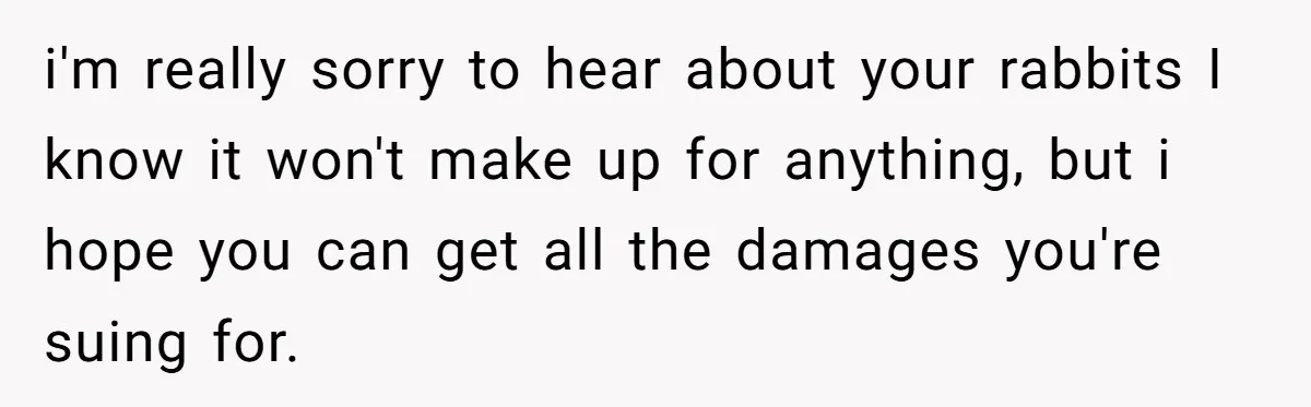 i'm really sorry to hear about your rabbits I know it won't make up for anything, but i hope you can get all the damages you're suing for.