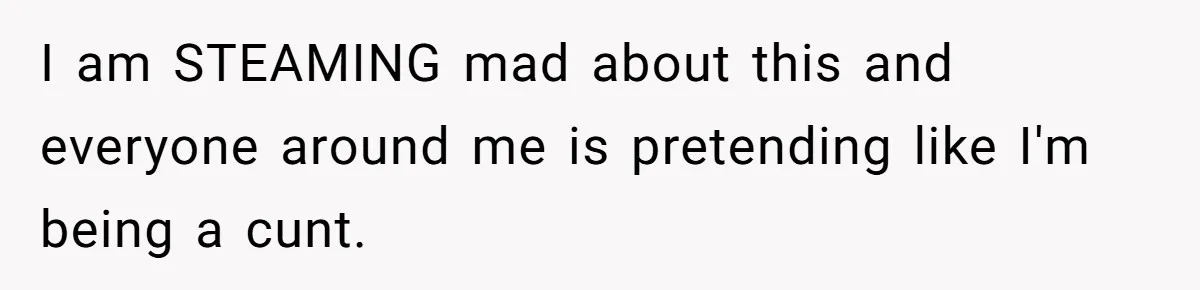 I am STEAMING mad about this and everyone around me is pretending like I'm being a cunt.