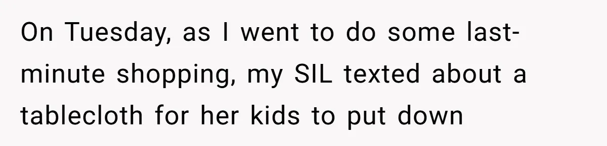 On Tuesday, as I went to do some last-minute shopping, my SIL texted about a tablecloth for her kids to put down