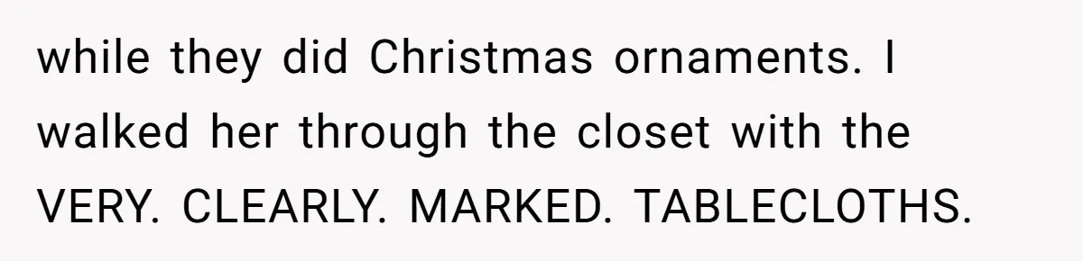 while they did Christmas ornaments. I walked her through the closet with the VERY. CLEARLY. MARKED. TABLECLOTHS.