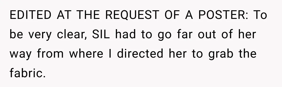 EDITED AT THE REQUEST OF A POSTER: To be very clear, SIL had to go far out of her way from where I directed her to grab the fabric.