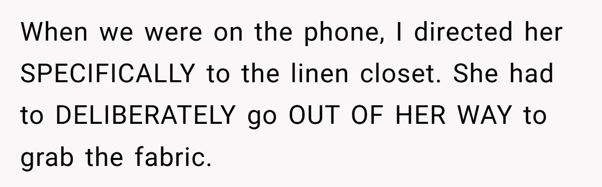 When we were on the phone, I directed her SPECIFICALLY to the linen closet. She had to DELIBERATELY go OUT OF HER WAY to grab the fabric.