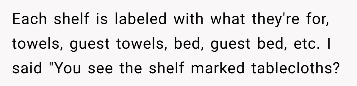 Each shelf is labeled with what they're for, towels, guest towels, bed, guest bed, etc. I said "You see the shelf marked tablecloths?