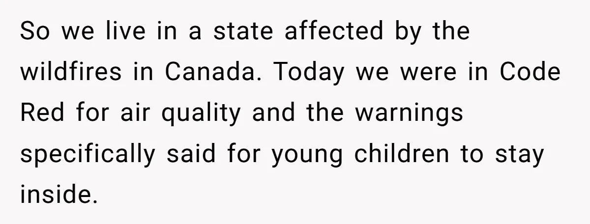 So we live in a state affected by the wildfires in Canada. Today we were in Code Red for air quality and the warnings specifically said for young children to...