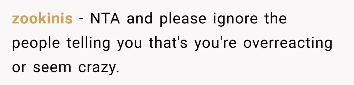 zookinis − NTA and please ignore the people telling you that's you're overreacting or seem crazy.