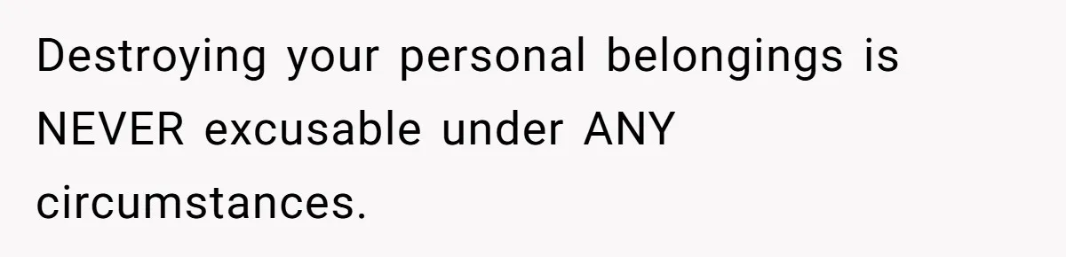 Destroying your personal belongings is NEVER excusable under ANY circumstances.