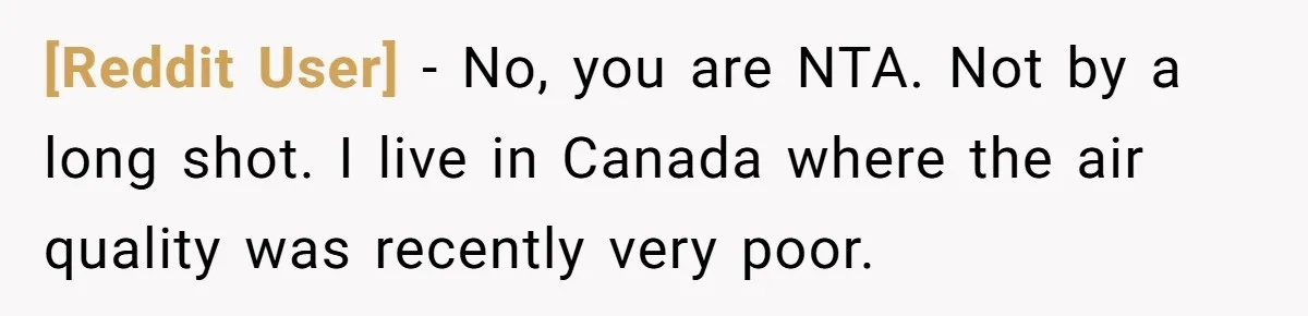[Reddit User] − No, you are NTA. Not by a long shot. I live in Canada where the air quality was recently very poor.