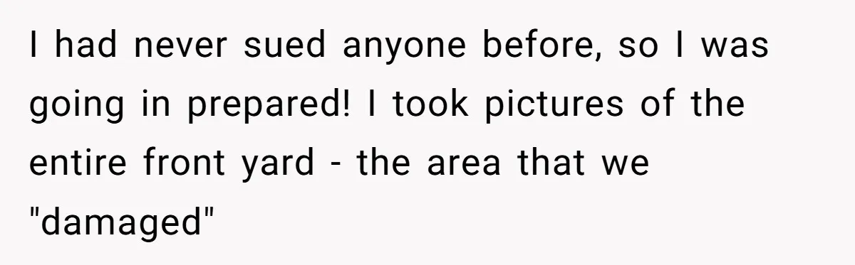 I had never sued anyone before, so I was going in prepared! I took pictures of the entire front yard - the area that we "damaged"
