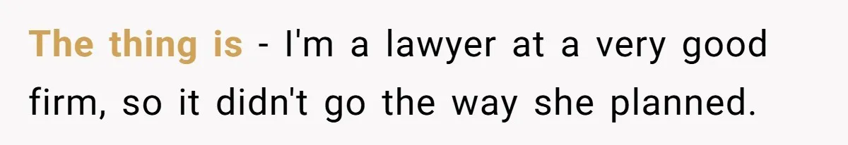 The thing is - I'm a lawyer at a very good firm, so it didn't go the way she planned.