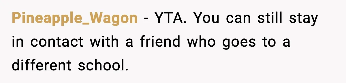 Pineapple_Wagon - YTA. You can still stay in contact with a friend who goes to a different school.