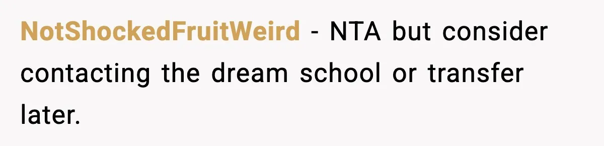 NotShockedFruitWeird - NTA but consider contacting the dream school or transfer later.