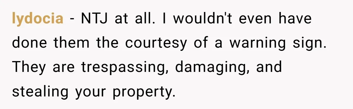 lydocia − NTJ at all. I wouldn't even have done them the courtesy of a warning sign. They are trespassing, damaging, and stealing your property.