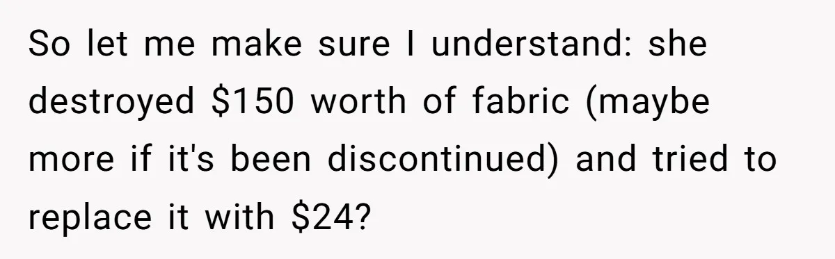 So let me make sure I understand: she destroyed $150 worth of fabric (maybe more if it's been discontinued) and tried to replace it with $24?