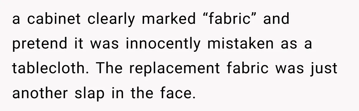 a cabinet clearly marked “fabric” and pretend it was innocently mistaken as a tablecloth. The replacement fabric was just another slap in the face.