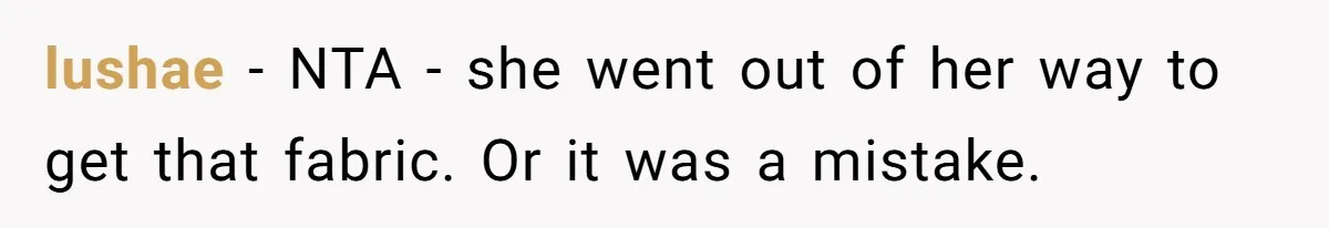 lushae − NTA - she went out of her way to get that fabric. Or it was a mistake.