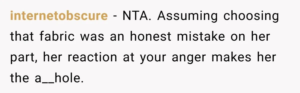 internetobscure − NTA. Assuming choosing that fabric was an honest mistake on her part, her reaction at your anger makes her the a__hole.
