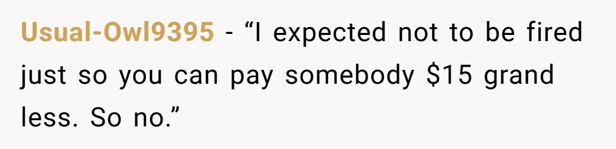Usual-Owl9395 − “I expected not to be fired just so you can pay somebody $15 grand less. So no.”