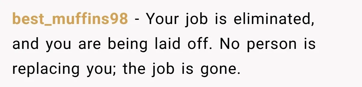 best_muffins98 − Your job is eliminated, and you are being laid off. No person is replacing you; the job is gone.