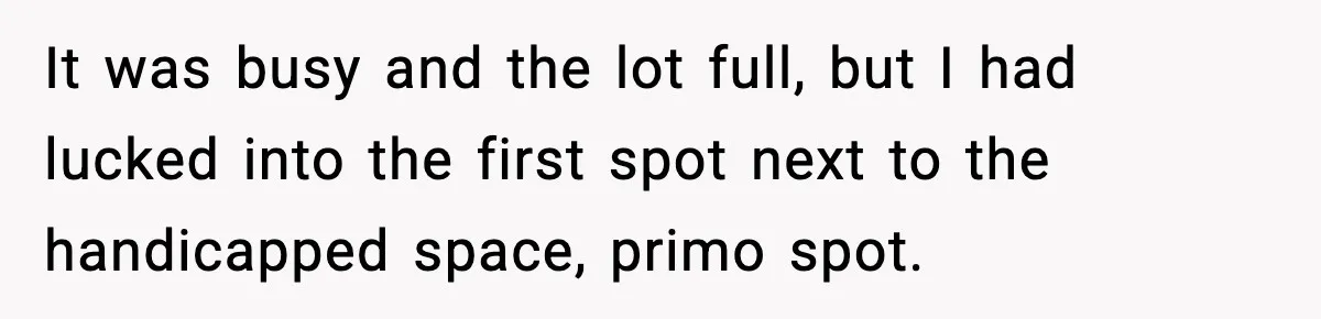 It was busy and the lot full, but I had lucked into the first spot next to the handicapped space, primo spot.