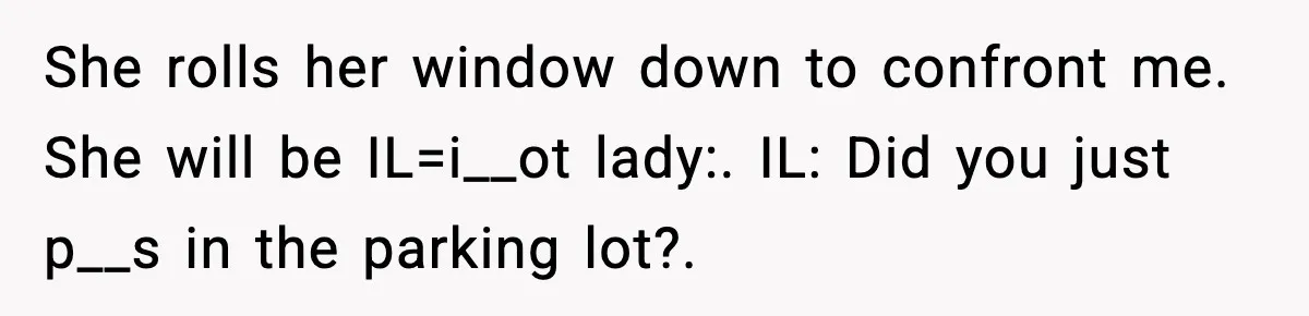 She rolls her window down to confront me. She will be IL=i__ot lady:. IL: Did you just p__s in the parking lot?.