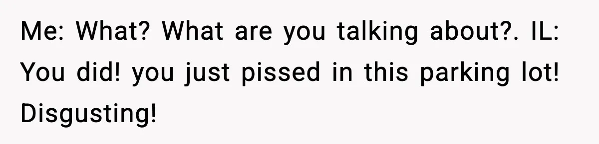 Me: What? What are you talking about?. IL: You did! you just pissed in this parking lot! Disgusting!