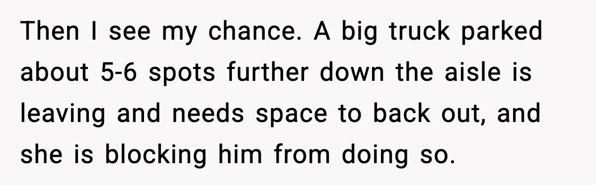Then I see my chance. A big truck parked about 5-6 spots further down the aisle is leaving and needs space to back out, and she is blocking him from...
