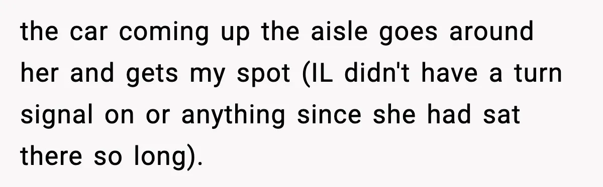 the car coming up the aisle goes around her and gets my spot (IL didn't have a turn signal on or anything since she had sat there so long).