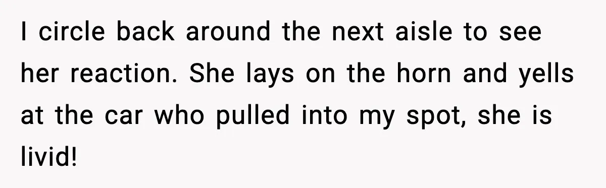 I circle back around the next aisle to see her reaction. She lays on the horn and yells at the car who pulled into my spot, she is livid!