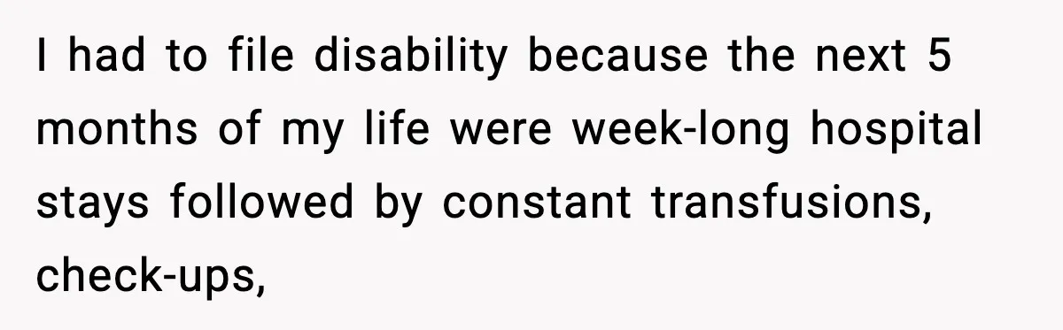 I had to file disability because the next 5 months of my life were week-long hospital stays followed by constant transfusions, check-ups,